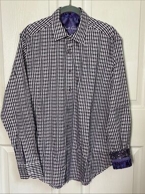 Robert Graham Classic Fit Purple & White Check Button-Down Shirt Size Medium